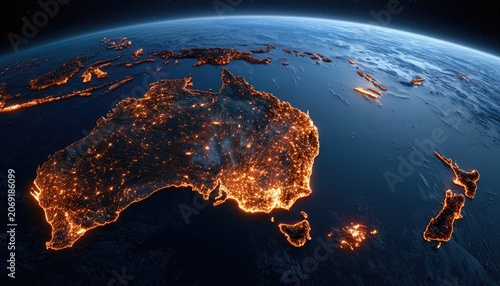 Aerial view of Australia and New Zealand illuminated by city lights at night