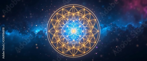 Sacred Geometry Mandala with Golden Lines and Cosmic Blue Galaxy Background