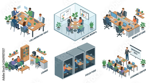 Canvastavla Collection of isometric illustrations depicting diverse office spaces, including