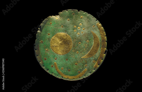 Nebra sky disc isolated on black background, 3D render