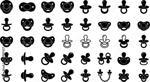 Obraz na plátně Baby Pacifier and Dummy Silhouette Vector Icon Set Featuring Newborn Teething Ri
