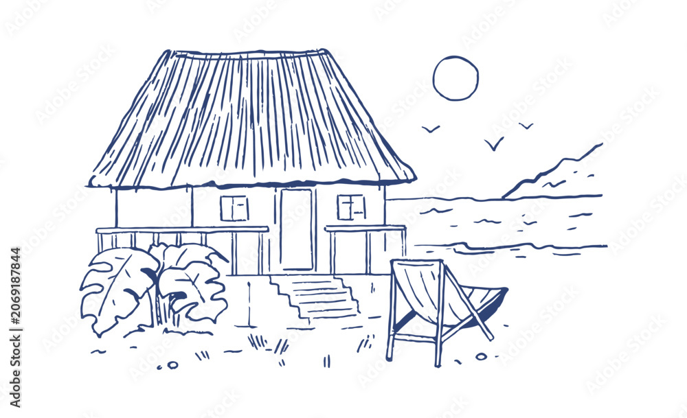 Obraz premium Hut By Beach With Chair Line Art