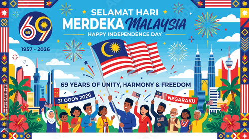 Diverse Malaysian citizens celebrating sixty-ninth national independence day with flags and city landmarks in a colorful flat illustration style