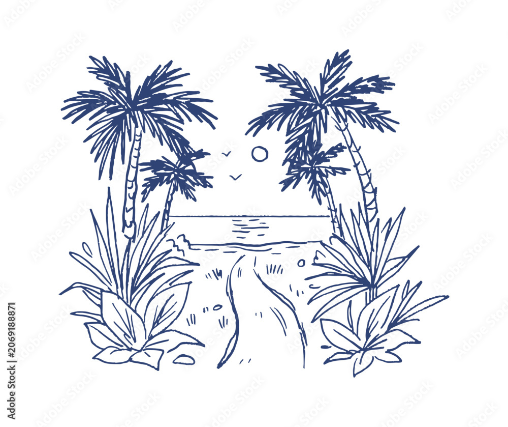 Fototapeta premium Palm Tree Beach Path Line Art