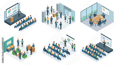 Foto Isometric business conference and corporate seminar set featuring professional n
