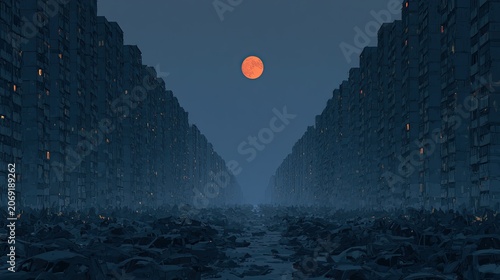 Towering, identical apartment blocks loom over a desolate landscape of junk under a blood-red moon