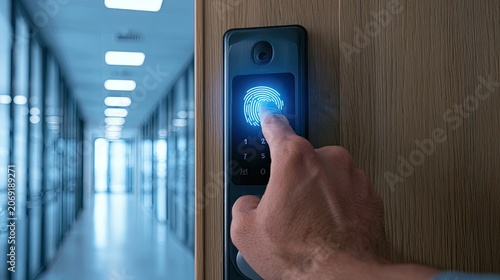 Fingerprint unlocks digital door lock in brightly lit hallway