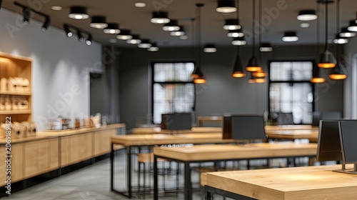 Modern retail interior with wooden displays and computers