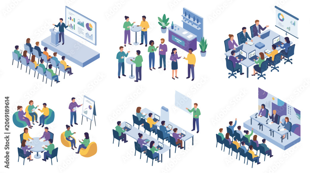 Fototapeta premium Isometric Business Meeting and Corporate Seminar Training Session Illustrations Set Featuring Professional Workplace Collaboration