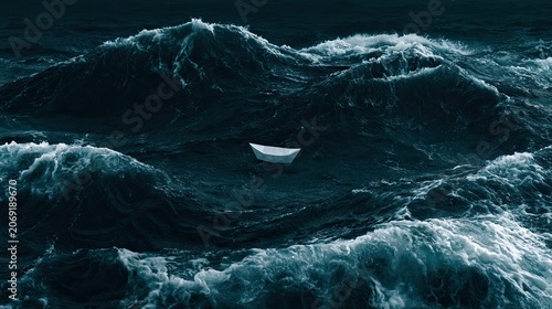 Tiny boat adrift in turbulent, dark, choppy ocean waves under a stormy sky