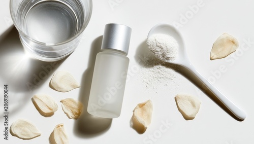 Frosted bottle, glass of water, spoon of powder, and dried petals