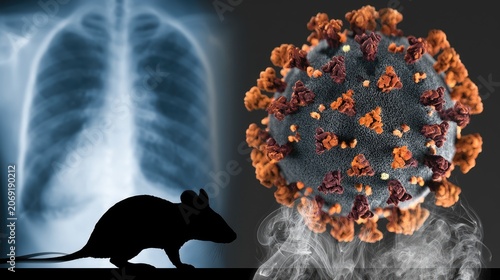 X-ray lungs, silhouette of rodent, and microscopic virus particle on gray background