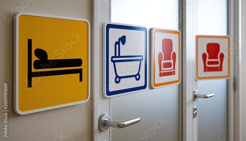 Icons for bedroom, bathroom, and lounge on doors