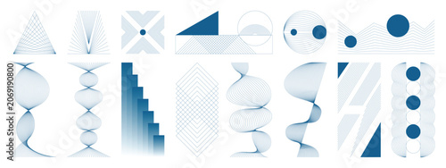 Abstract geometric line art vector set. Minimal optical illusion shapes with circular patterns, moire lines and modern design elements.