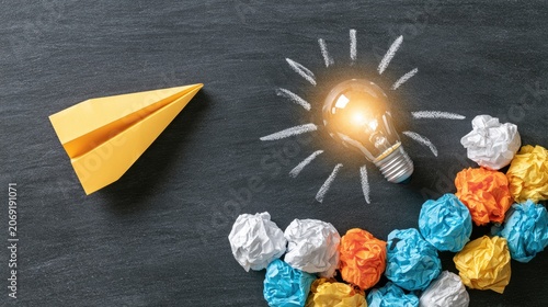 A yellow paper airplane flies toward a glowing lightbulb with crumpled colored paper balls