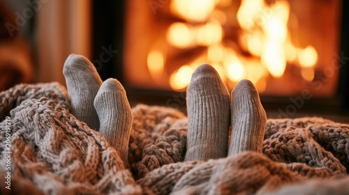 Cozy feet in warm socks peek from a thick blanket before a glowing fireplace