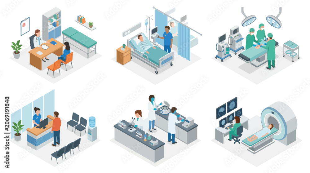 Fototapeta premium Isometric vector collection showcasing the modern healthcare journey, including patient consultations, hospital care, surgical operations, advanced diagnostics, and essential laboratory services