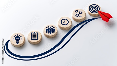 Ascending path of wooden discs with business icons, leading to a red paper plane