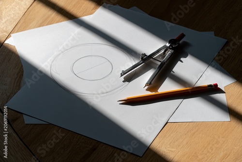 Sunlight illuminates drafting compass and pencil on paper