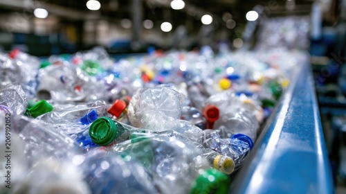 A close-up view of a conveyor belt filled with discarded plastic bottles