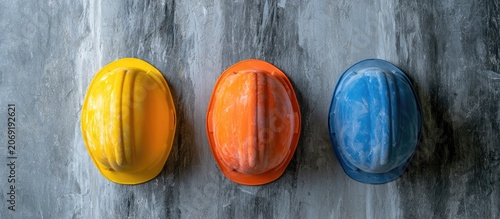 Three safety helmets, yellow, orange, and blue, arranged horizontally on a textured gray surface