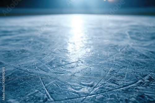 A close-up, low-angle view of a glistening, scratched ice rink under bright stadium lights