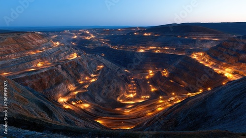 Vast open-pit mine illuminated by warm lights at twilight