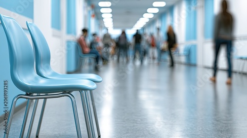 Two light blue chairs in a bright, blurred hallway with people waiting