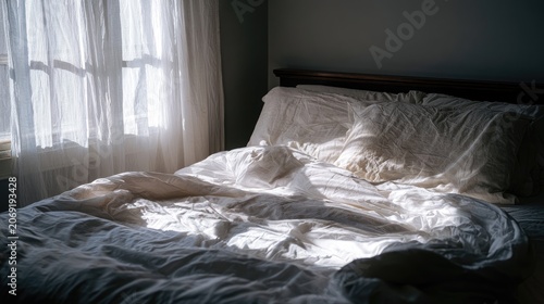 Sunlight streams across an unmade bed with wrinkled white linens