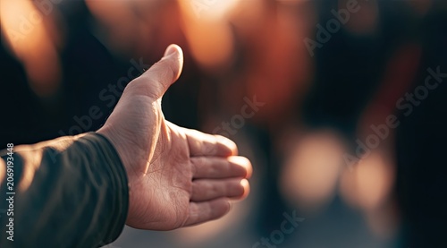 Open palm reaching out in warm sunlight, blurred background