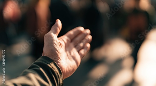 Open hand extended towards viewer, offering support or a greeting