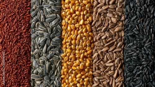Close-up of five vertical rows of different seeds and grains