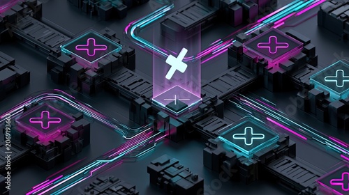 Abstract futuristic network of glowing plus symbols connected by circuits