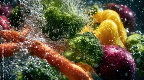 Vibrant vegetables splash in water