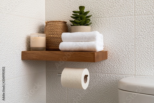 Simple wooden shelf with towels, candle, basket, plant, and toilet paper