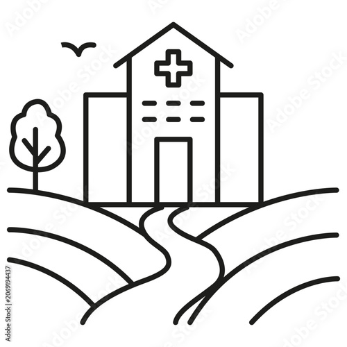 Hospital clinic building nature landscape outline black vector icon features rural healthcare. Represents outdoor medicine.
