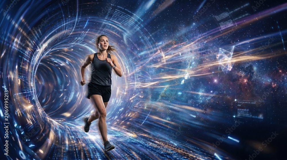 Naklejka premium Futuristic sporty woman running through digital cyber data tunnel into outer space sci fi concept.