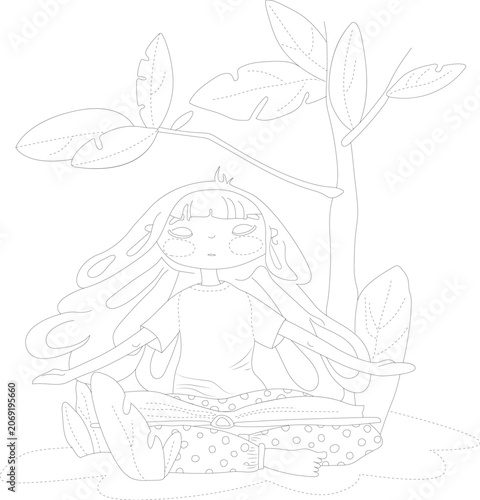 Hand drawn line art. A girl with a book sits under a tree. A girl in pajamas, eyes closed, sits in a clearing. Vector graphics. Illustration. Printing on textiles.