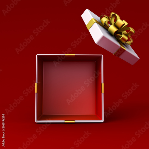Blank gift box mockup exhibition booth products display mockup stand or opened present box tied with gold ribbon bow isolated on dark red background with shadow creative idea conceptual 3D rendering