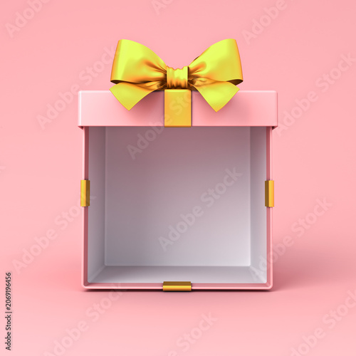 Blank pink gift box mockup exhibition booth products display stand showcase or opened present box tied with gold ribbon bow isolated on pink pastel background creative idea conceptual 3D rendering
