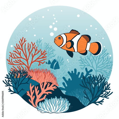 clownfish silhouette navigating coral structures balanced underwater vector