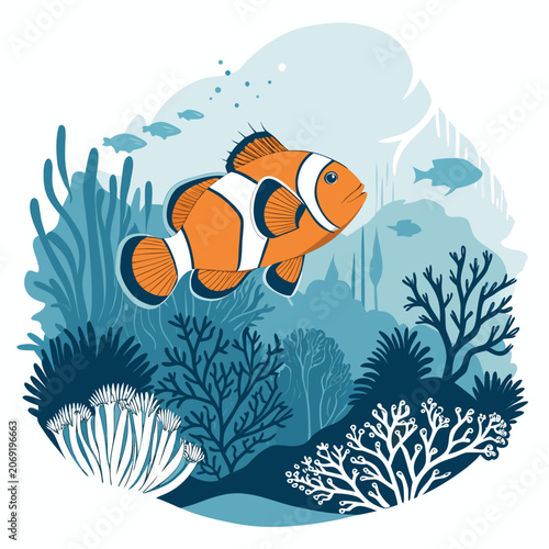 clownfish silhouette navigating coral structures balanced underwater vector
