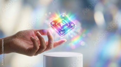 Woman holding floating artificial intelligence microchip. Futuristic processor with glowing digital circuits. Innovative computer technology and machine learning concept. Cybernetic neural processing.