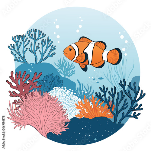 clownfish silhouette navigating coral structures balanced underwater vector