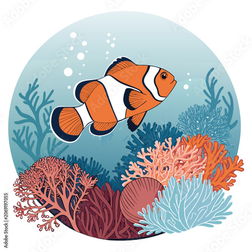 clownfish silhouette navigating coral structures balanced underwater vector