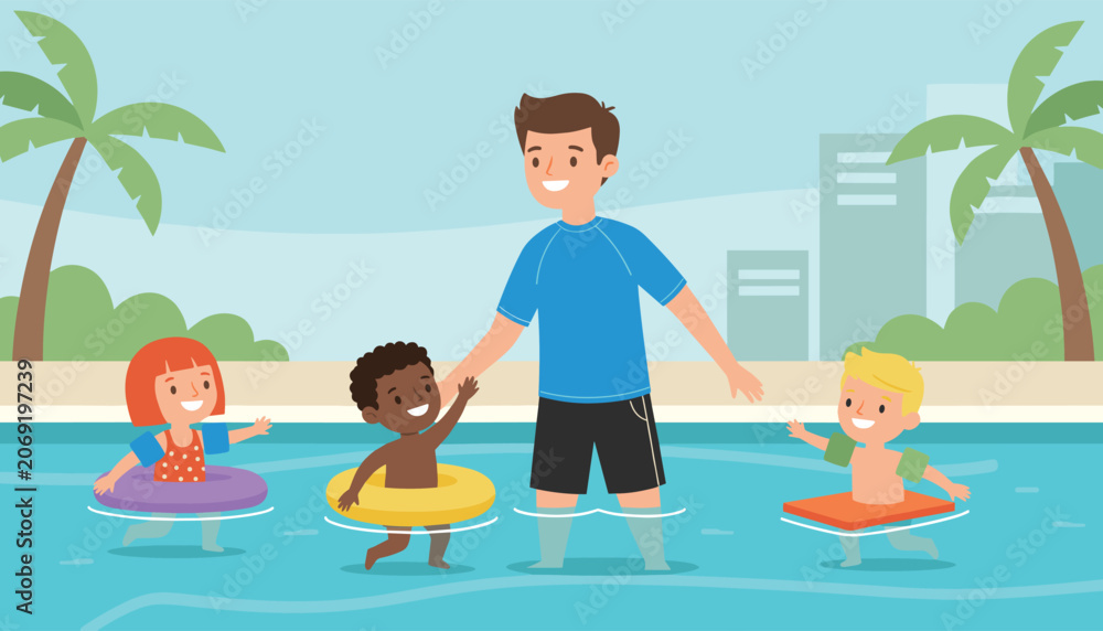 Obraz premium Male swimming instructor helping three happy kids learn to swim in a tropical outdoor pool with colorful swim rings.