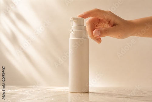 Female Hand Pressing Cosmetic Pump Bottle Mockup