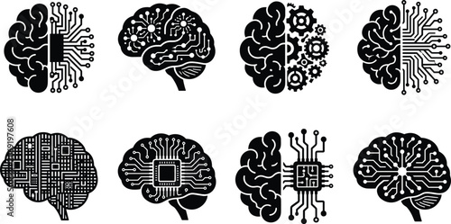 Foto Artificial intelligence and human brain technology black silhouette icon set wit