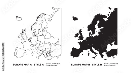 Europe Map Outline and Silhouette Comparison in Two Graphic Styles