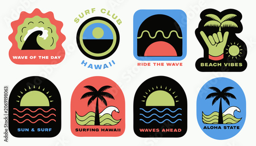 Collection of eight colorful surf stickers with tropical beach motifs and palm tree icons.